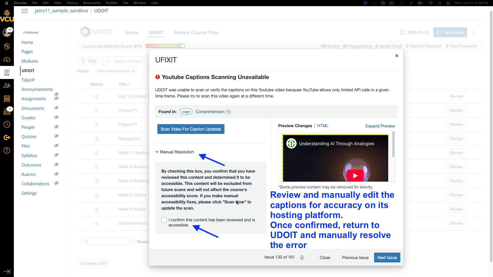 UFIXIT window for captions issue, showing how to manually resolve the issue once the user has fixed the captions outside of UDOIT.
