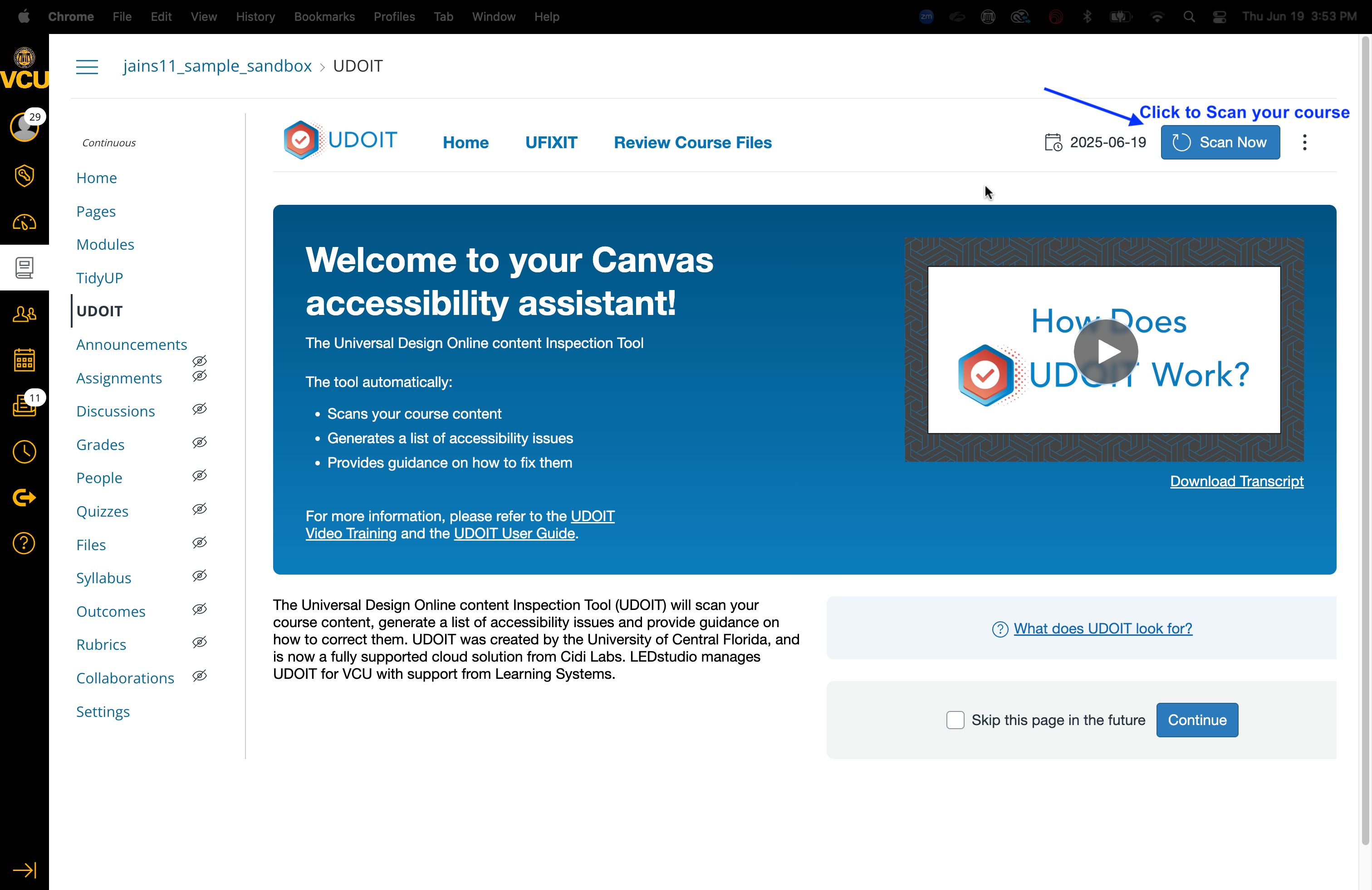 UDOIT dashboard landing page, indicating the 