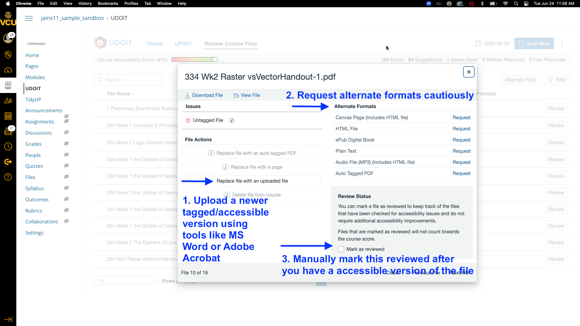 The UFIXIT tool for untagged documents, indicating how to upload a new file, how to request alternate formats, and how to mark the issue as resolved.