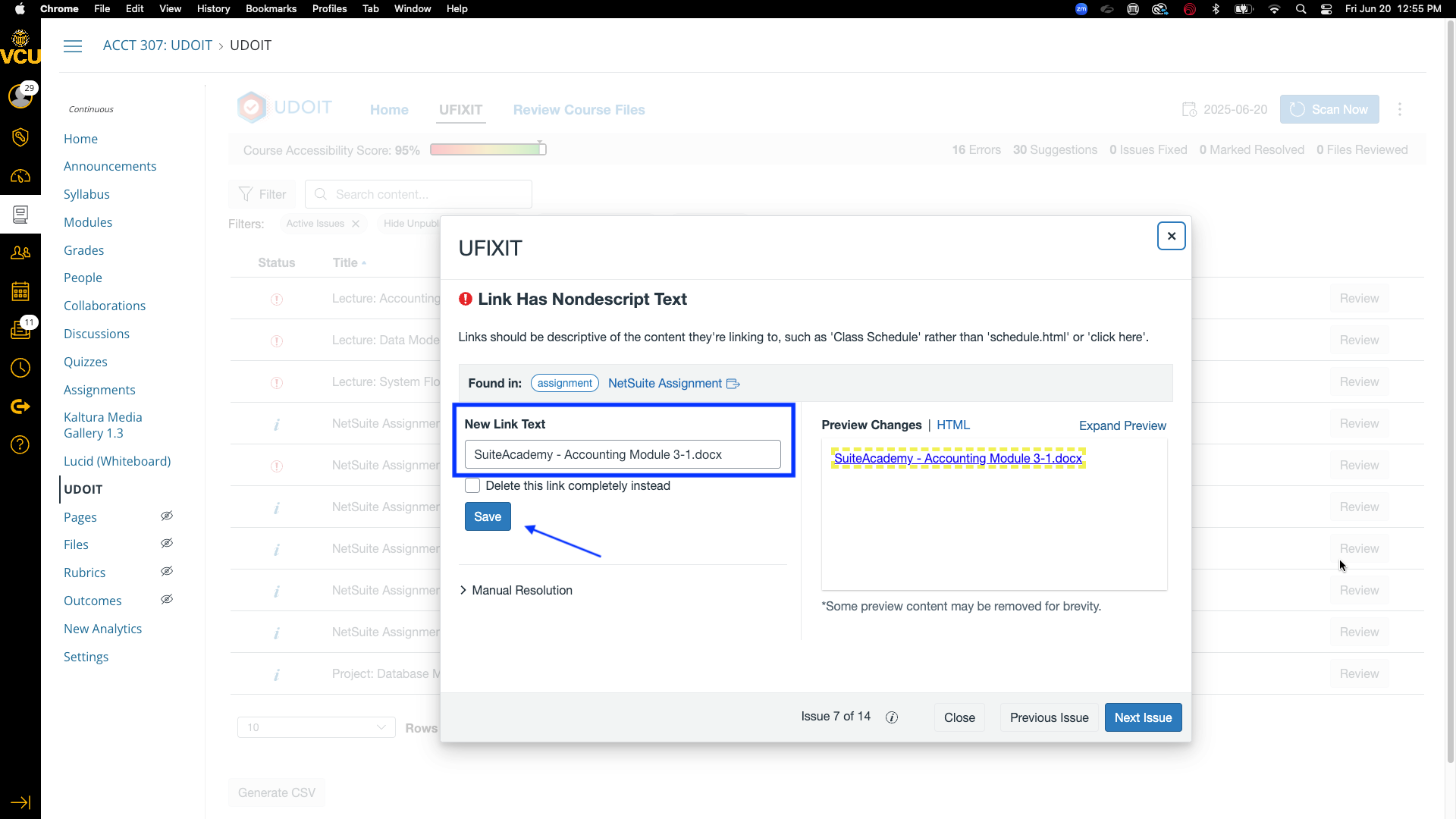 UFIXIT popup window to write your descriptive link text in the New Link Text box