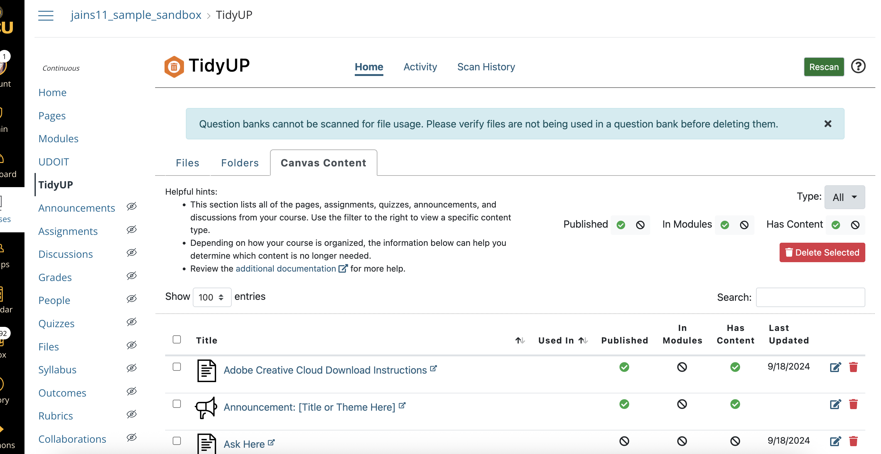Screenshot showing published and unpublished content in TidyUP