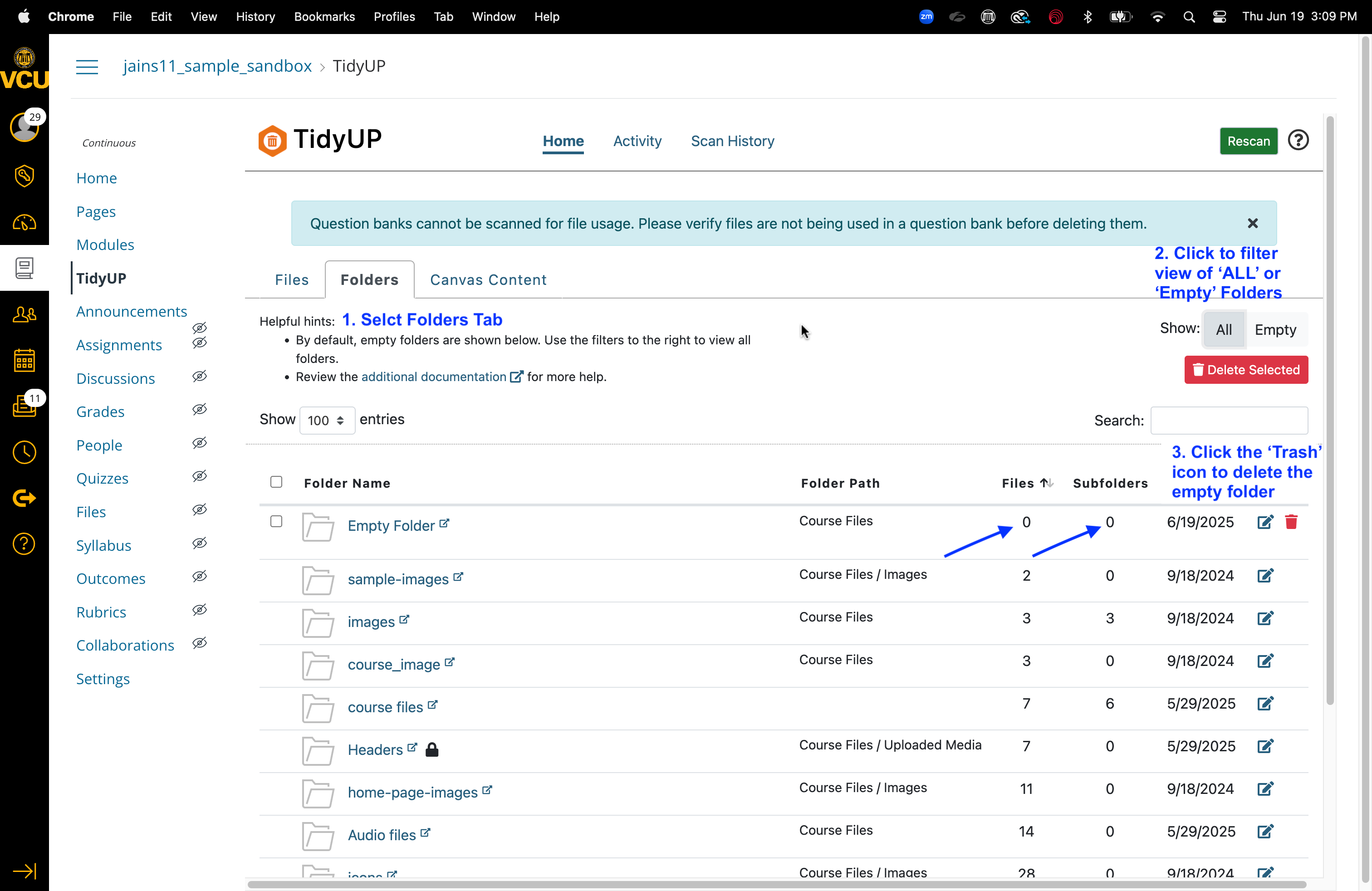 TidyUp tab for unused folders, indicating empty folders and how to filter folder display.